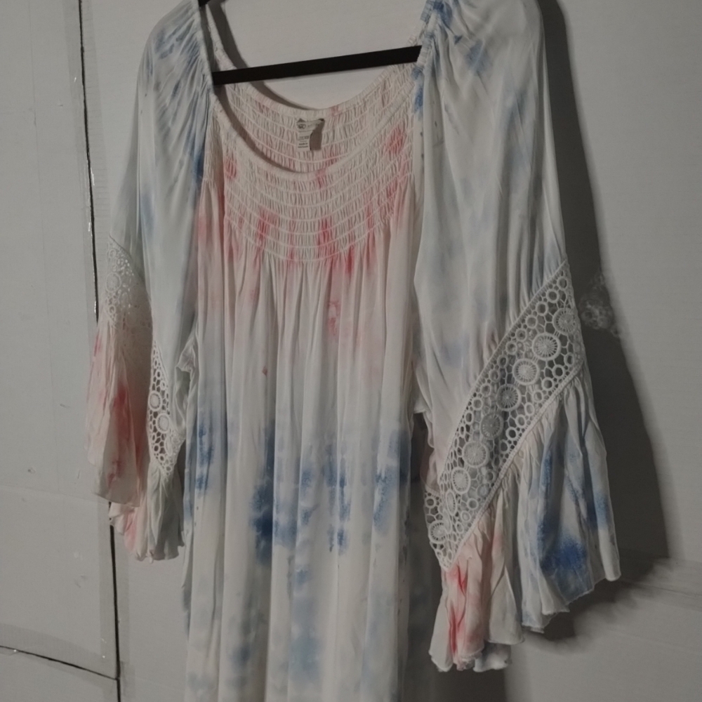 Cato Tie-Dye White Women's Boho Top Blouse Bell Sleeves SZ 22/24W Soft Comfy - Picture 4 of 13
